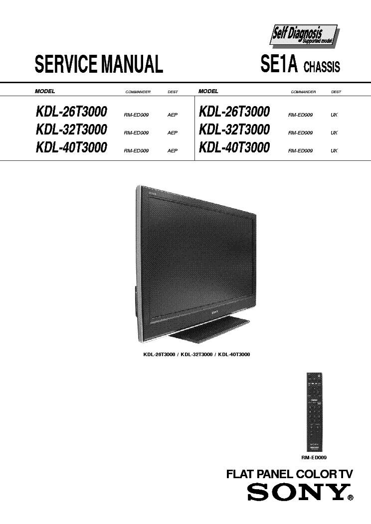 SONY KDL-26T3000 SE1A [OR] service manual (1st page)